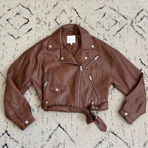 Avec Les Filles Brown Cropped Faux Leather Biker Jacket